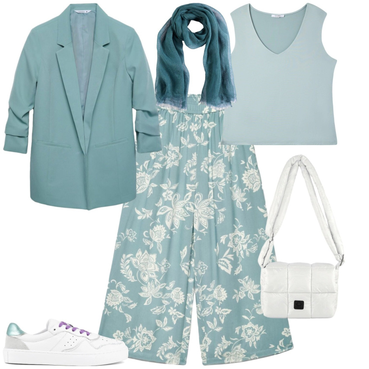 Outfit donna - Casual chic ufficio tempo libero. Stile Casual chic per Tutti i giorni. Abbinamento con sciarpe, pantaloni a palazzo, top, blazer, borse a spalla, sneakers.