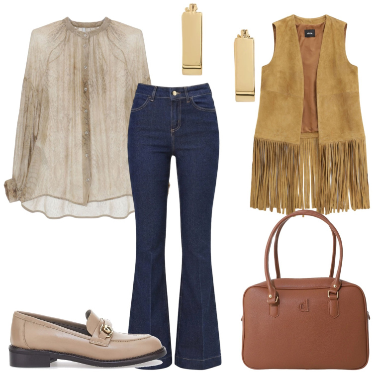 Outfit donna - Total look #2463018. Stile Glamour per Tutti i giorni. Abbinamento con camicie, borse a mano, gilet, jeans a zampa, orecchini, mocassini.