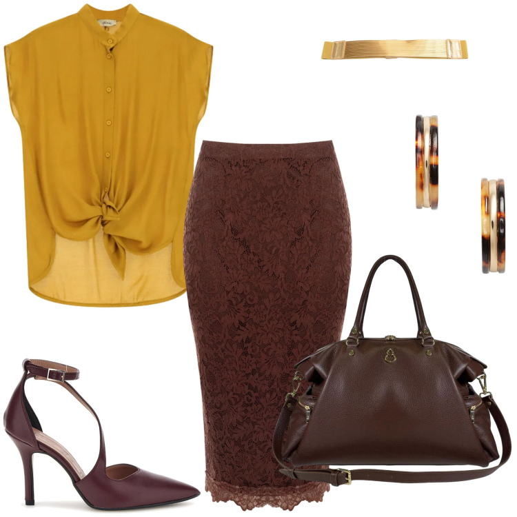 Outfit donna - Back to office - chic. Stile Chic per Ufficio. Abbinamento con camicie, gonne longuette, borse a spalla, cinture, orecchini, décolleté.