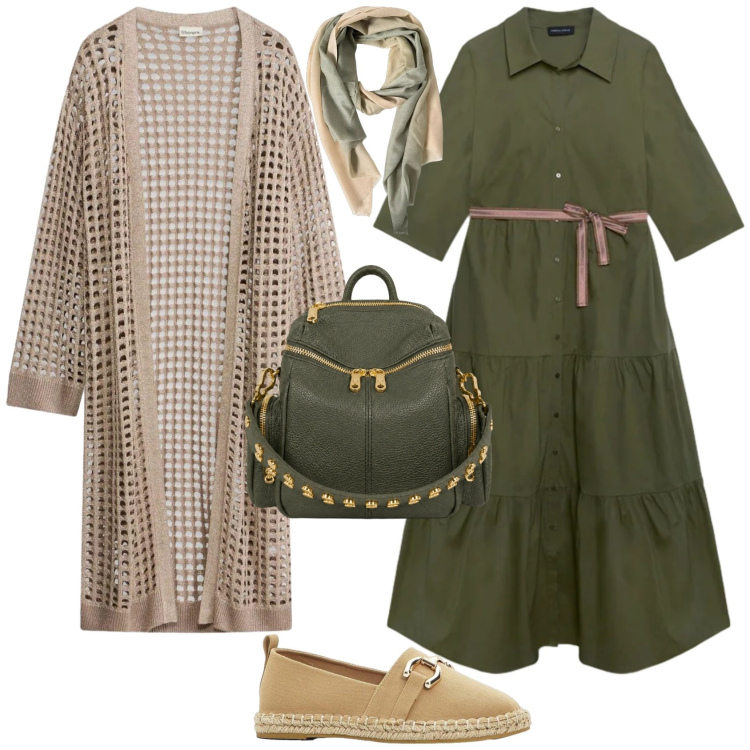 Outfit donna - Casual chic ufficio tempo libero. Stile Casual chic per Tutti i giorni. Abbinamento con cardigans, espadrillas, vestiti chemisier, zaini, foulard.