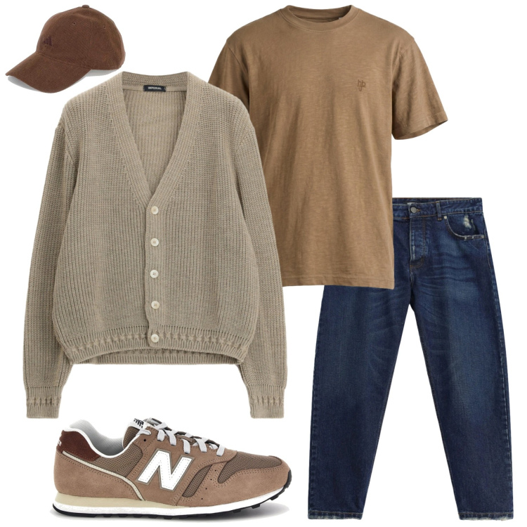 Outfit uomo - Settembre. Stile Casual per Tutti i giorni. Abbinamento con t-shirt, jeans, cardigans, cappelli con visiera, sneakers.