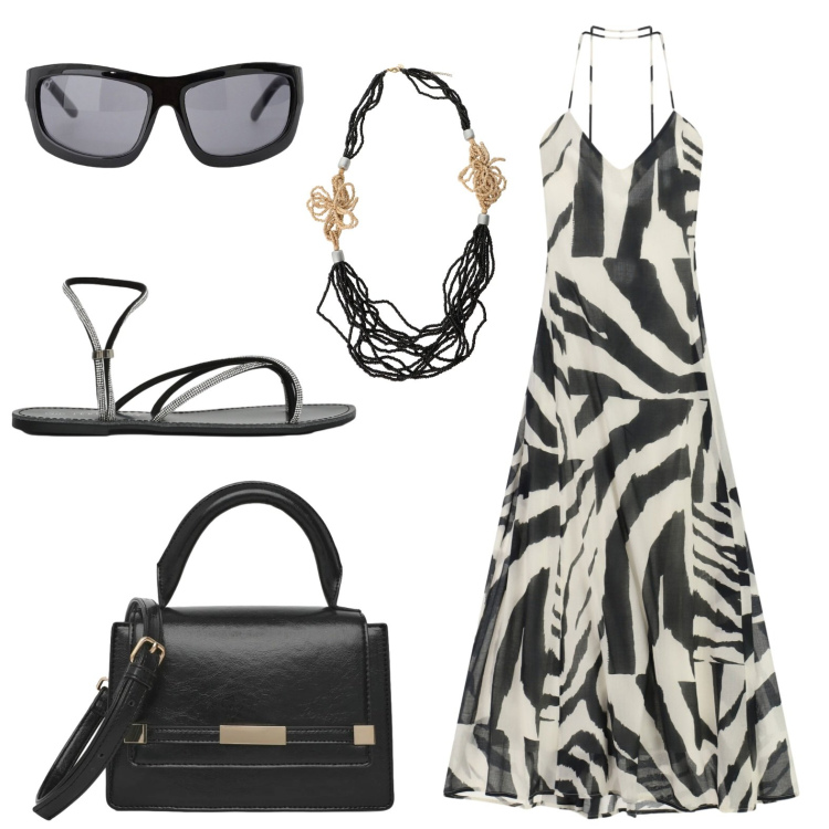 Outfit donna - Un\'afosa giornata estiva. Stile Minimal per Serata fuori. Abbinamento con vestiti lunghi, occhiali da sole, collane, borse a spalla, sandali.