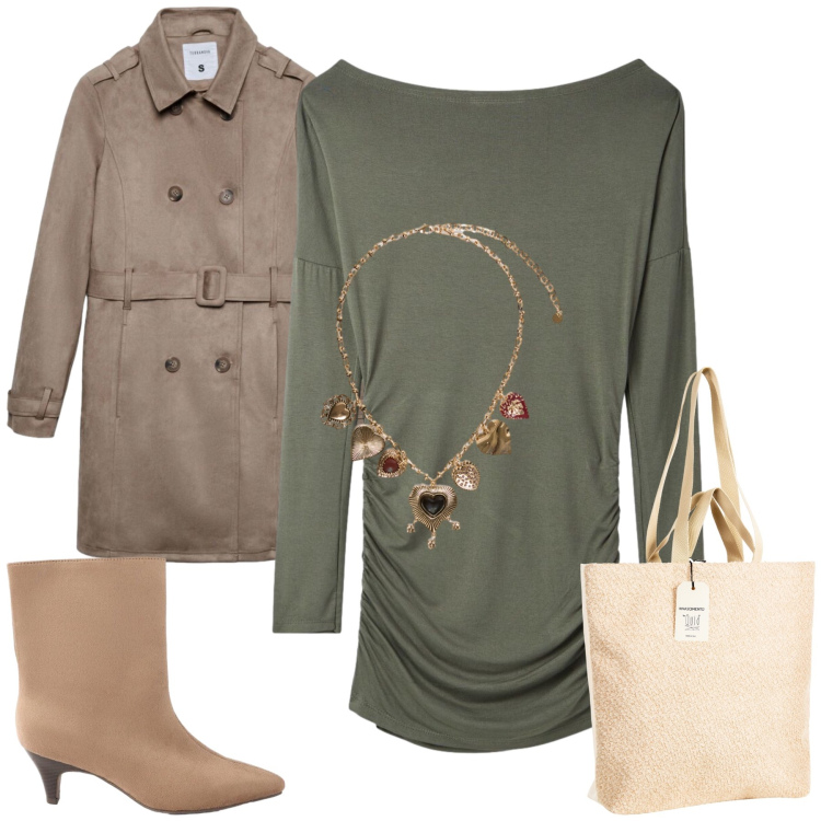 Outfit donna - Total look #2463033. Stile Casual chic per Tutti i giorni. Abbinamento con stivaletti, vestiti corti, trench, borse tote, collane.