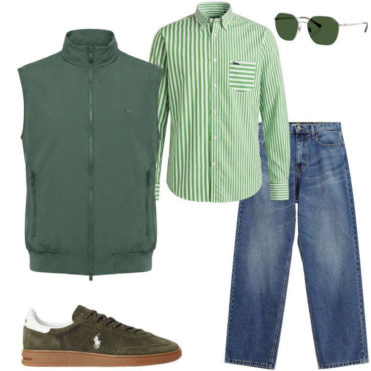 Outfit uomo - Casual style. Stile Casual per Tutti i giorni. Abbinamento con gilet, camicie, jeans, sneakers, occhiali da sole.