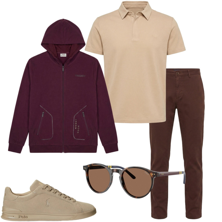 Outfit uomo - Casual style. Stile Casual per Tutti i giorni. Abbinamento con polo, pantaloni, felpe con cappuccio, occhiali da sole, sneakers.