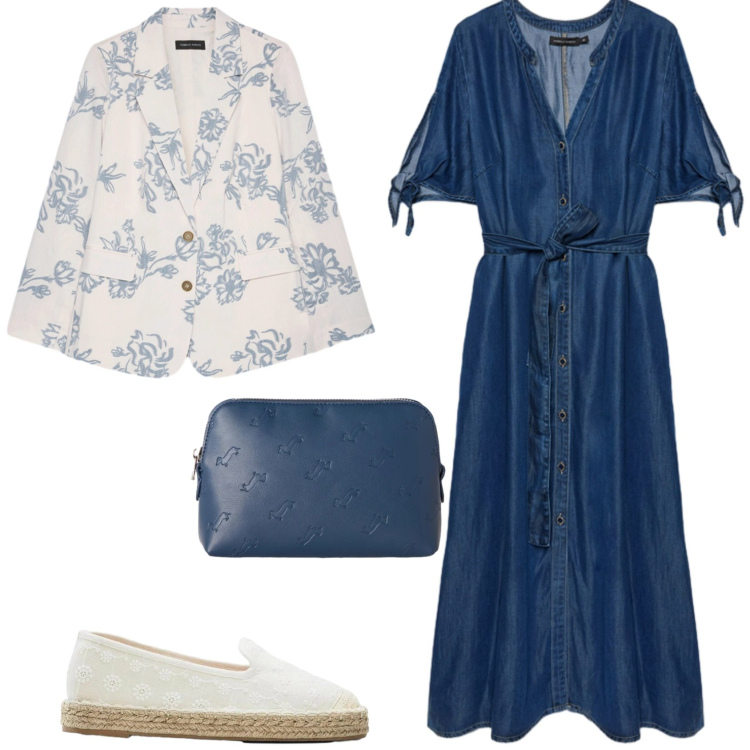 Outfit donna - Casual chic ufficio tempo libero. Stile Casual chic per Tutti i giorni. Abbinamento con espadrillas, pochette, vestiti chemisier, blazer.