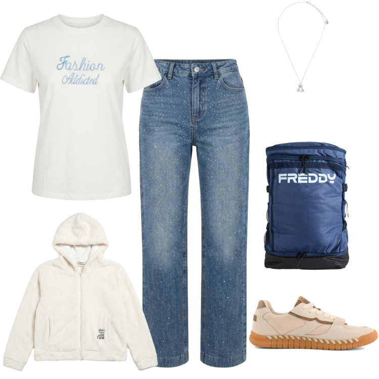 Outfit donna - Basic back ti school. Stile Basic per Scuola/Università. Abbinamento con felpe con cappuccio, ciondoli, zaini, jeans, t-shirt, sneakers.