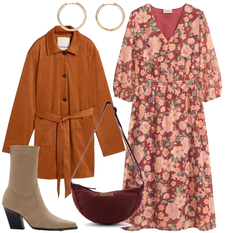 Outfit donna - Total look #2463046. Stile Casual chic per Tutti i giorni. Abbinamento con orecchini, stivaletti, trench, vestiti, borse a tracolla.