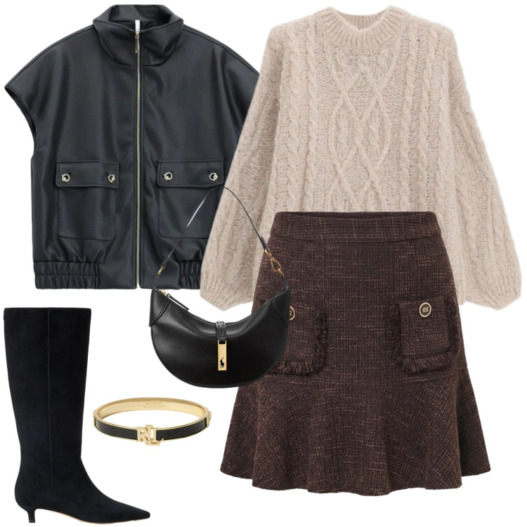 Outfit donna - Total look #2463051. Stile Casual per Serata fuori. Abbinamento con blazer, minigonne, maglieria, borse a spalla, braccialetti, stivali.