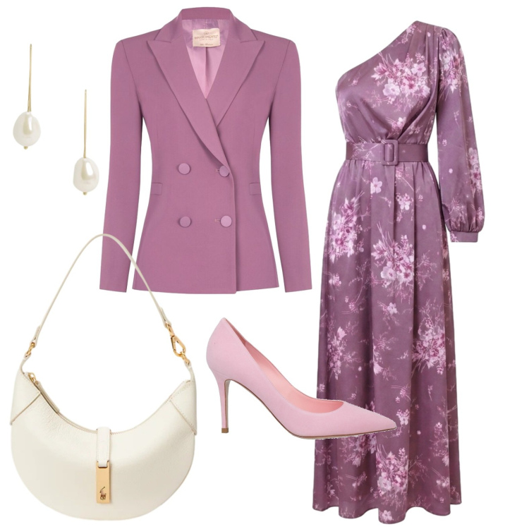Outfit donna - La testimone di nozze. Stile Chic per Cerimonia. Abbinamento con décolleté, vestiti lunghi, blazer, orecchini, borse a spalla.