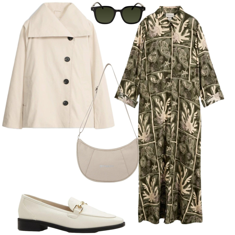 Outfit donna - Casual chic ufficio tempo libero. Stile Casual chic per Tutti i giorni. Abbinamento con trench, vestiti chemisier, mocassini, borse a spalla, occhiali da sole.