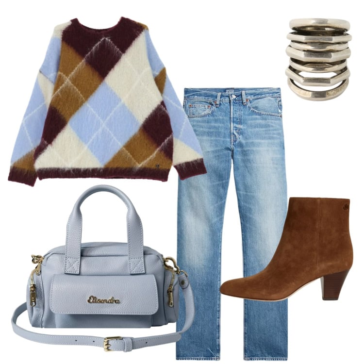 Outfit donna - Il pullover geometrico. Stile Urban per Tutti i giorni. Abbinamento con maglieria, borse a mano, jeans dritti, stivaletti, anelli.