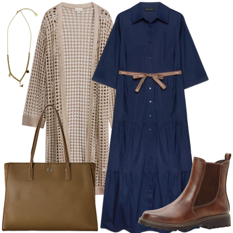 Outfit donna - Total look #2463069. Stile Casual chic per Tutti i giorni. Abbinamento con cardigans, stivaletti, shopping bag, ciondoli, vestiti chemisier.