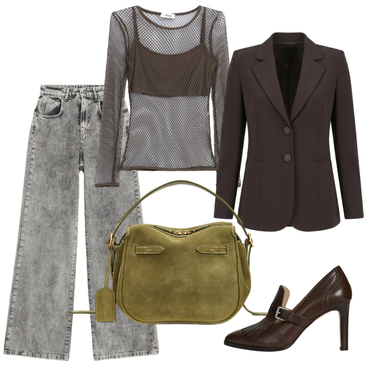 Outfit donna - Dettaglio colorato. Stile Trendy per Serata fuori. Abbinamento con top, jeans, blazer, borse a mano, décolleté.