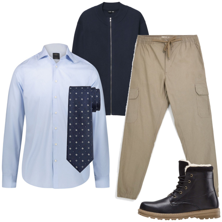 Outfit uomo - Total look #2463073. Stile Casual per Tutti i giorni. Abbinamento con stivali e stivaletti, cardigans, camicie, cravatte, pantaloni cargo.