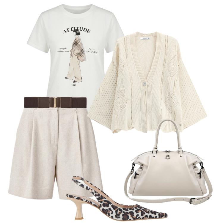 Outfit donna - Avorio down town - @laloba. Stile Trendy per Tutti i giorni. Abbinamento con décolleté, cinture, shorts, t-shirt, cardigans, shopping bag.