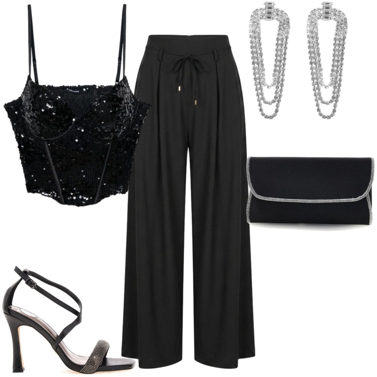 Outfit donna - Serata in Total black. Stile Sexy per Serata fuori. Abbinamento con top, orecchini, pantaloni a palazzo, sandali col tacco, pochette.