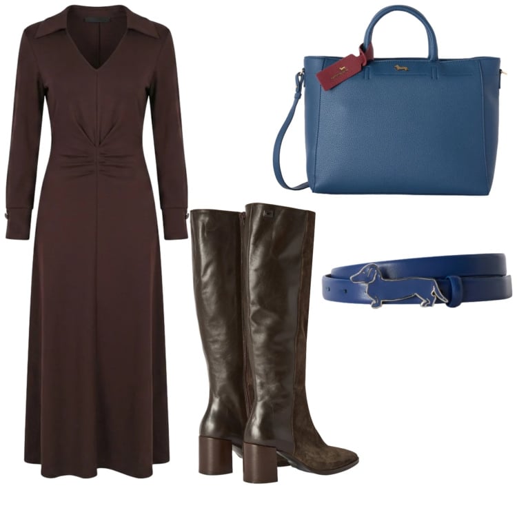 Outfit donna - Primi giorni di settembre. Stile Casual chic per Tutti i giorni. Abbinamento con borse a mano, cinture, stivali, vestiti midi/longuette.