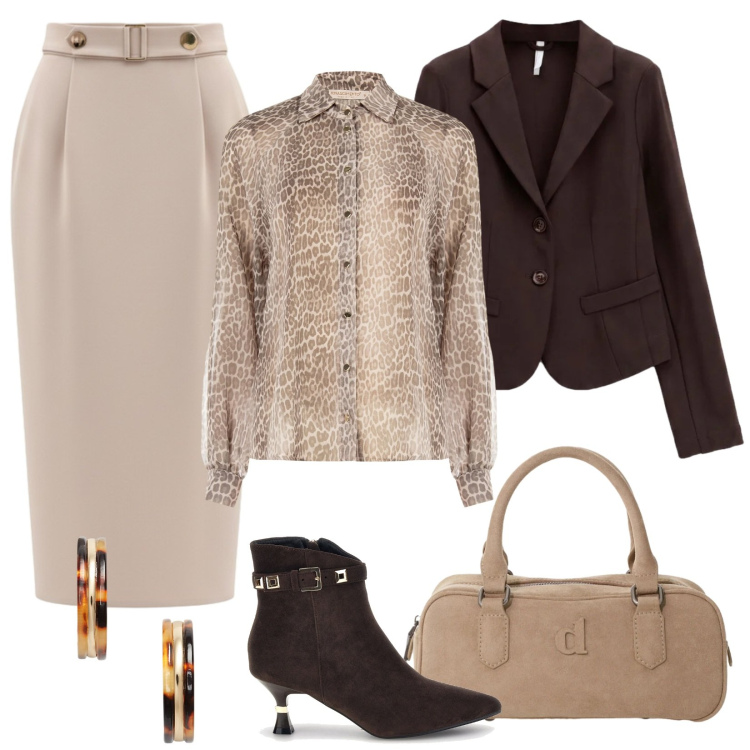 Outfit donna - La gonna a sigaretta ed il blazer. Stile Chic per Ufficio. Abbinamento con blazer, borse a mano, gonne longuette, camicie, orecchini, stivaletti.