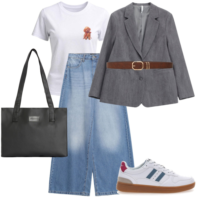 Outfit donna - Look adatto a molteplici occasioni. Stile Casual per Ufficio. Abbinamento con blazer, jeans, cinture, t-shirt, shopping bag, sneakers.