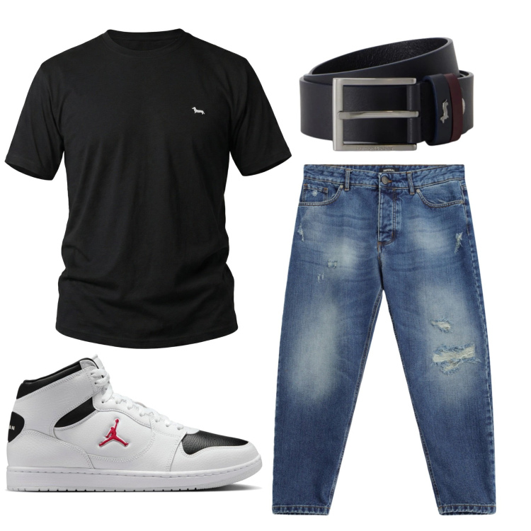 Outfit uomo - Total look #2463092. Stile Urban per Tutti i giorni. Abbinamento con t-shirt, cinture, jeans strappati, sneakers.