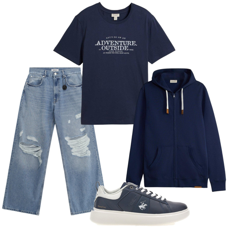 Outfit uomo - Total look #2463101. Stile Casual per Tutti i giorni. Abbinamento con felpe con cappuccio, t-shirt, jeans strappati, sneakers.