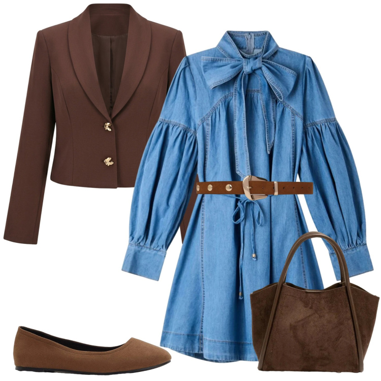 Outfit donna - Eleganza per il rientro. Stile Casual chic per Ufficio. Abbinamento con ballerine, vestiti chemisier, cinture, blazer, borse a spalla.