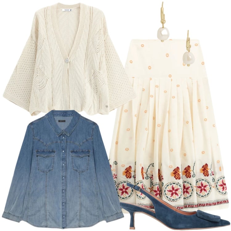 Outfit donna - Total look #2463104. Stile Urban per Tutti i giorni. Abbinamento con décolleté, gonne lunghe, cardigans, camicie, orecchini.