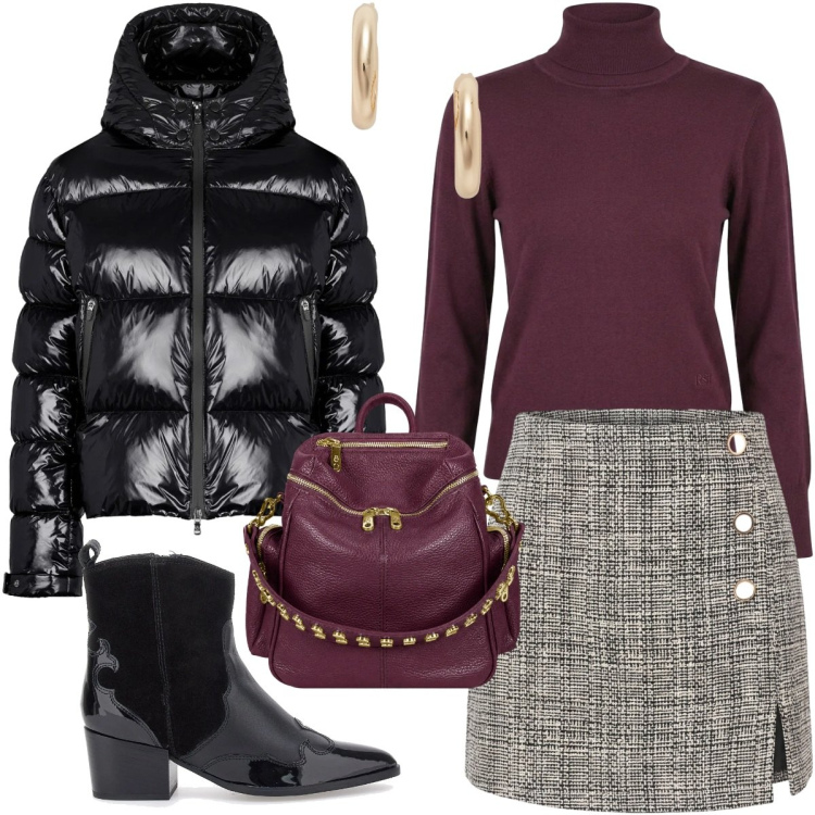 Outfit donna - Splendida giornata. Stile Casual per Tutti i giorni. Abbinamento con pullovers, gonne, zaini, piumini, orecchini, stivaletti texani.