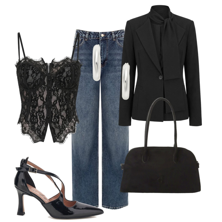 Outfit donna - Serata con le amiche. Stile Glamour per Serata fuori. Abbinamento con borse a spalla, top, jeans dritti, orecchini, blazer, décolleté.