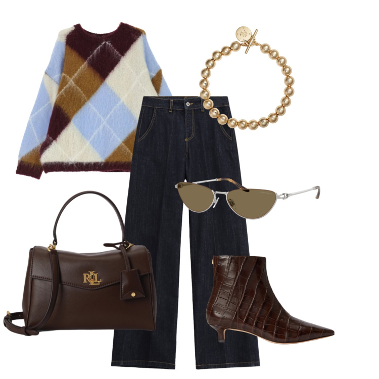 Outfit donna - Chic office. Stile Chic per Ufficio. Abbinamento con maglieria, pantaloni a palazzo, braccialetti, occhiali da sole, borse a mano, stivaletti.