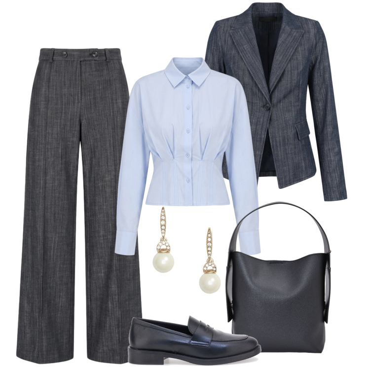 Outfit donna - Mannish rivisitato. Stile Mannish per Ufficio. Abbinamento con camicie, borse a spalla, blazer, jeans, orecchini, mocassini.