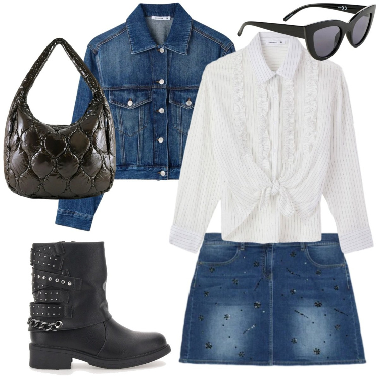 Outfit donna - Giornata divertente con le amiche. Stile Casual per Tutti i giorni. Abbinamento con occhiali da sole, cappotti, camicie, minigonne, borse tote, stivaletti.
