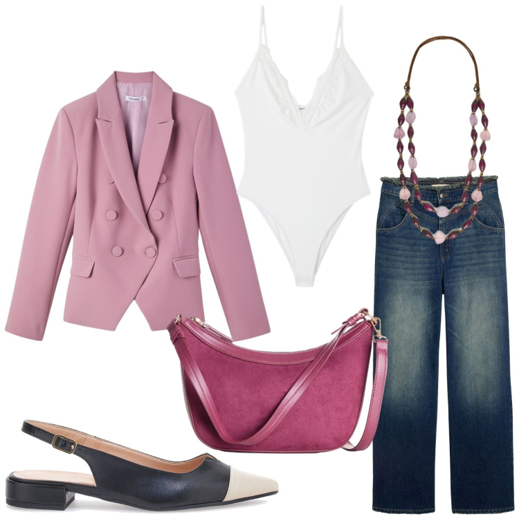 Outfit donna - Total look #2463129. Stile Romantica per Serata fuori. Abbinamento con jeans dritti, borse a tracolla, blazer, body, collane, ballerine.