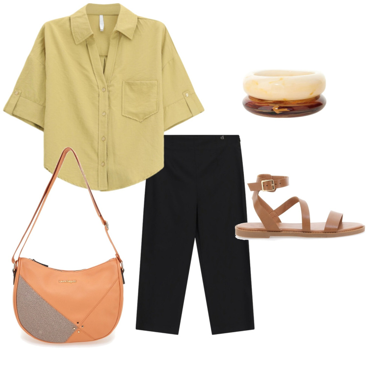Outfit donna - Si ricomincia belli. Stile Basic per Ufficio. Abbinamento con camicie a manica corta, braccialetti, pantaloni capri, borse a tracolla, sandali in pelle.