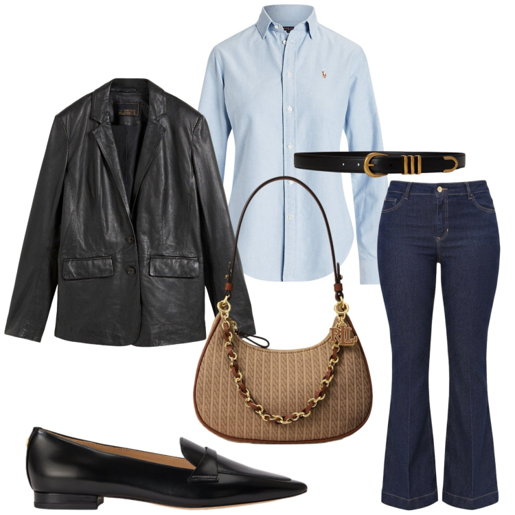 Outfit donna - Total look #2463133. Stile Casual chic per Serata fuori. Abbinamento con blazer, jeans a zampa, camicie, cinture, mocassini, borse a spalla.