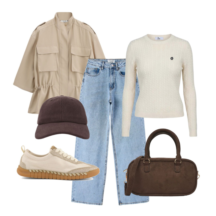 Outfit donna - Beige & denim. Stile Casual per Scuola/Università. Abbinamento con jeans, borse a tracolla, cappelli con visiera, maglieria, parka, sneakers.