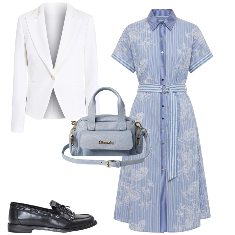 Outfit donna - Casual chic ufficio tempo libero. Stile Casual chic per Tutti i giorni. Abbinamento con vestiti chemisier, blazer, mocassini, borse a mano.