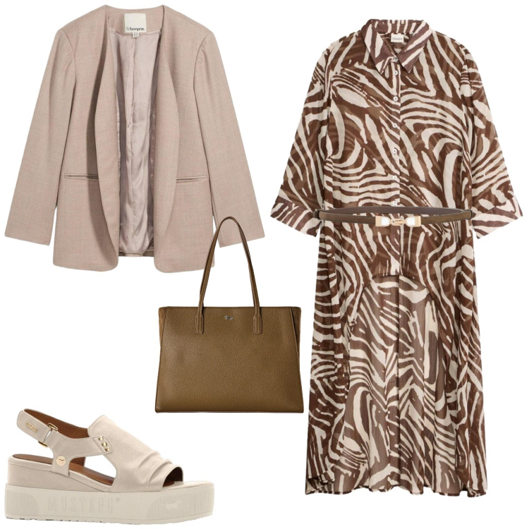 Outfit donna - Casual chic ufficio tempo libero. Stile Casual chic per Tutti i giorni. Abbinamento con vestiti chemisier, blazer, sandali, cinture, shopping bag.