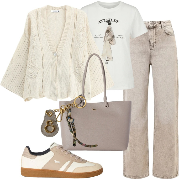 Outfit donna - Un mix di toni chiari. Stile Basic per Tutti i giorni. Abbinamento con sneakers, shopping bag, jeans dritti, t-shirt, cardigans, portachiavi.