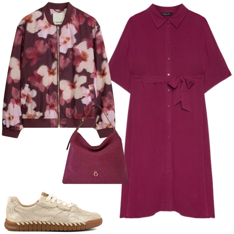 Outfit donna - Casual chic ufficio tempo libero. Stile Casual chic per Tutti i giorni. Abbinamento con bomber, vestiti chemisier, borse a spalla, sneakers.