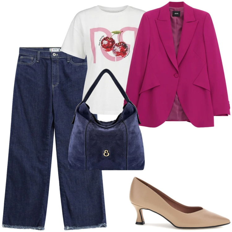 Outfit donna - A settembre. Stile Casual per Ufficio. Abbinamento con blazer, t-shirt, jeans dritti, borse a spalla, décolleté.