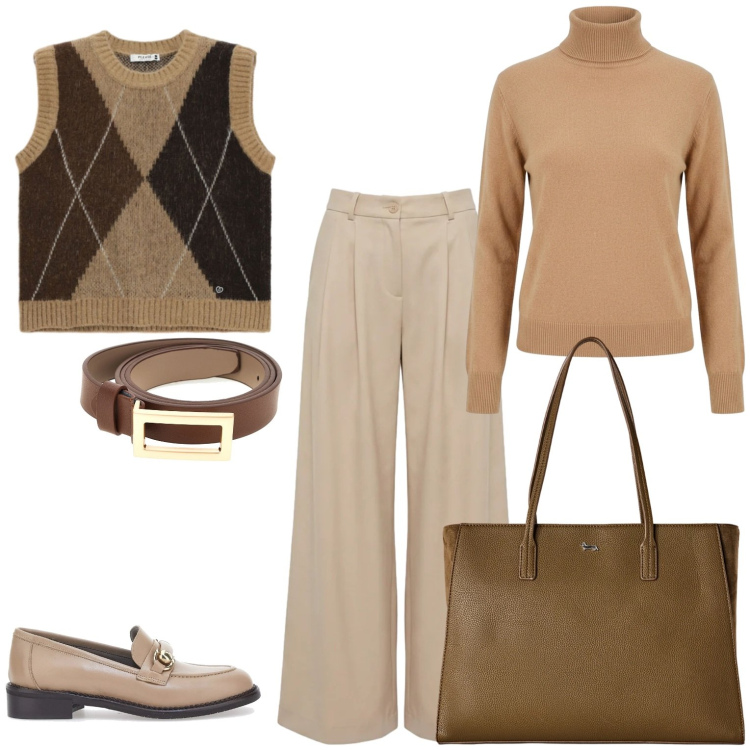 Outfit donna - Aspettando il primo freddo. Stile Casual per Tutti i giorni. Abbinamento con pantaloni, shopping bag, pullovers, maglieria, mocassini, cinture.
