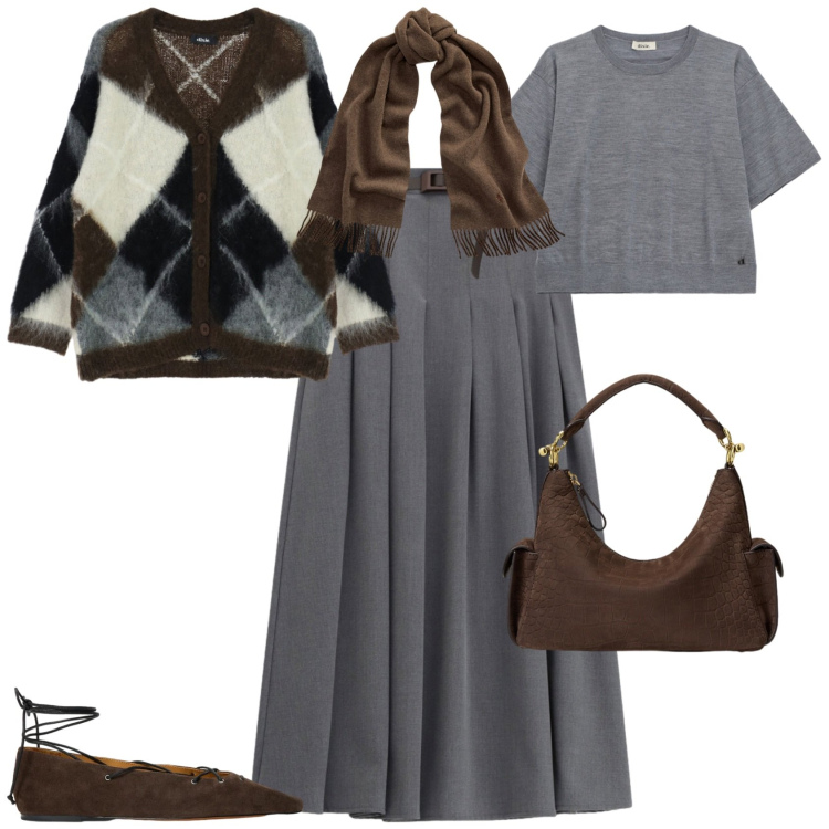 Outfit donna - Casual chic autunno con Dixie. Stile Casual chic per Tutti i giorni. Abbinamento con cardigans, t-shirt, gonne lunghe, sciarpe, ballerine, borse a spalla.