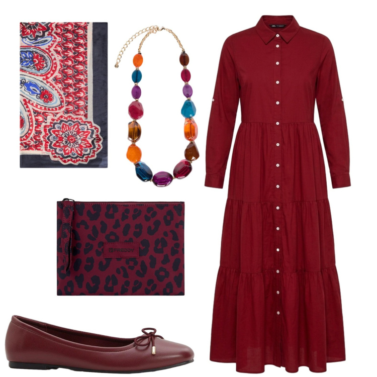 Outfit donna - Chemisier. Stile Casual chic per Tutti i giorni. Abbinamento con ballerine, vestiti chemisier, clutch, collane, foulard.