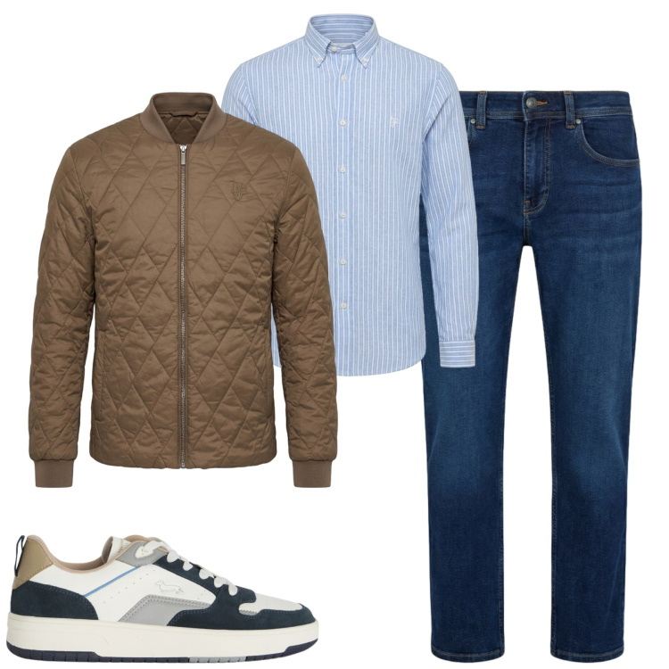 Outfit uomo - Settembre. Stile Casual per Tutti i giorni. Abbinamento con piumini, jeans dritti, sneakers, camicie.