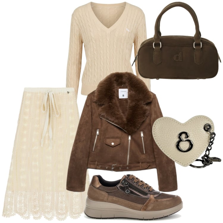 Outfit donna - Gonna raffinata. Stile Casual per Tutti i giorni. Abbinamento con pullovers, gonne longuette, borse a mano, giacche, portachiavi, sneakers.