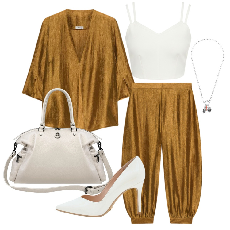 Outfit donna - Settembre. Stile Glamour per Tutti i giorni. Abbinamento con top, décolleté, ciondoli, pantaloni, blazer, shopping bag.