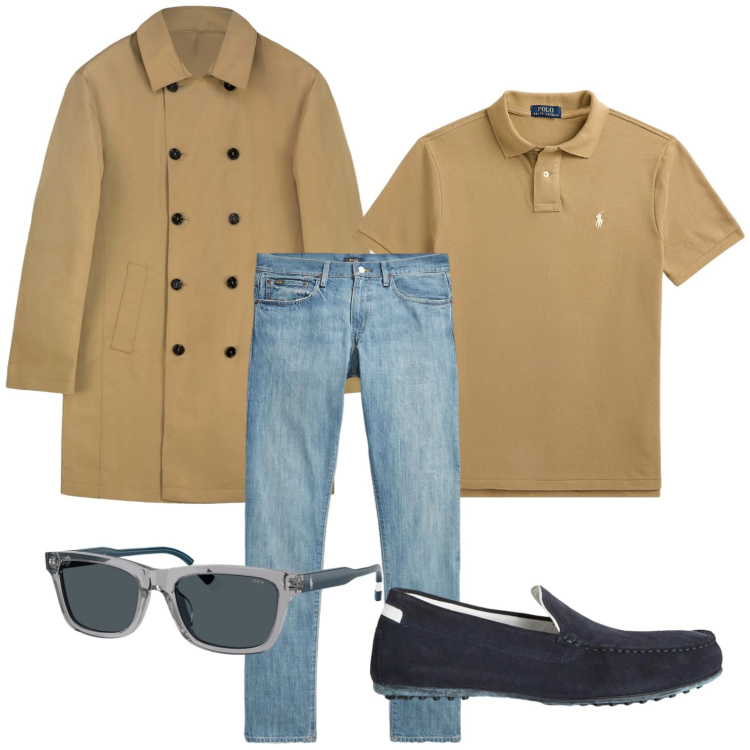 Outfit uomo - Trench lucente. Stile Trendy per Tutti i giorni. Abbinamento con scarpe stringate, trench, polo, occhiali da sole, jeans.