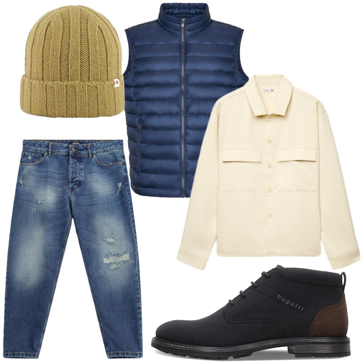 Outfit uomo - Denim lovers. Stile Urban per Tutti i giorni. Abbinamento con jeans strappati, camicie, berretti, piumini, stivali e stivaletti.